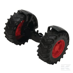 Close-up of two large, black off-road tires with red rims connected by a Bruder Front axle complete Fendt - U43046 on a 1:16 scale toy.