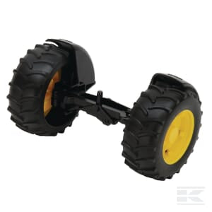 Close-up of two large black rubber wheels with yellow hubs, mounted on a connected axle assembly. These wheels are part of the Bruder Front Axle for John Deere (2000) - U42050, a 1:16 scale toy designed to replicate heavy-duty machinery or vehicles for kids age 4 and up.