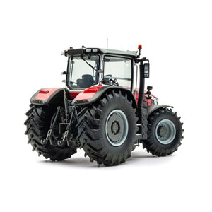 A large red and black Limited Edition Massey Ferguson 8S.305 agricultural tractor with light gray rims and clear cabin windows, featuring large rear tires and smaller front tires, shown from the rear and side against a white background. Winner of the Tractor of the Year 2021 award. Available at JMCE DEALS, limited to 500 pieces (UH6676C).