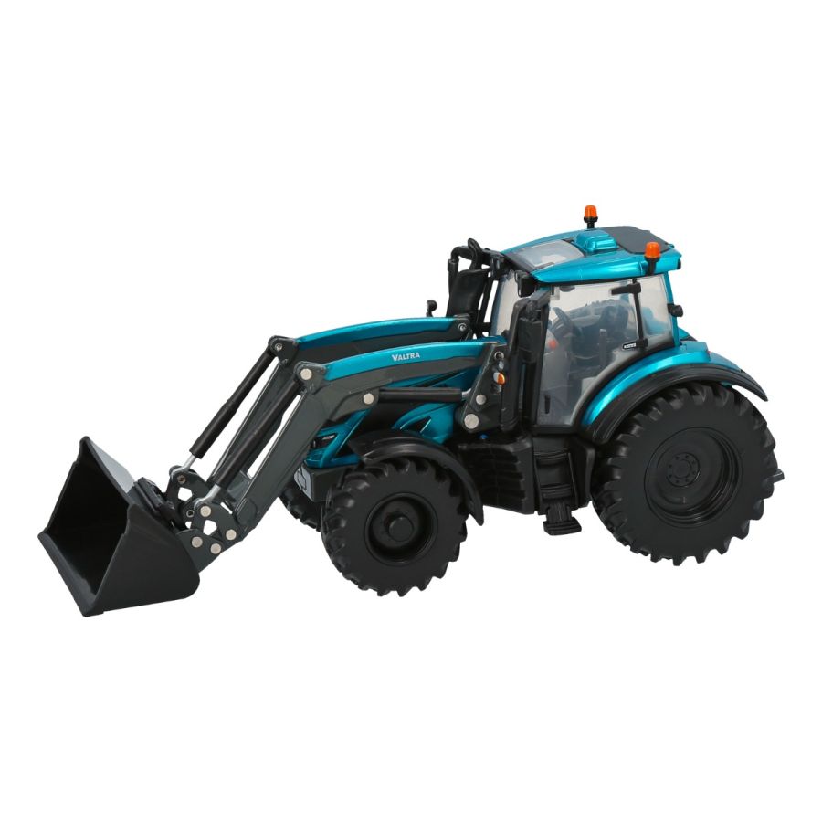 A turquoise Valtra T254 Toy Tractor with large wheels and a front loader bucket attachment, from the renowned brand AGCO (Product Code: V42802440).