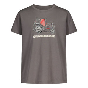 The Valtra - Kids Print T-Shirt by AGCO in dark gray showcases a vibrant tractor graphic along with the bold text "Your Working Machine," all crafted from soft organic cotton for maximum comfort.