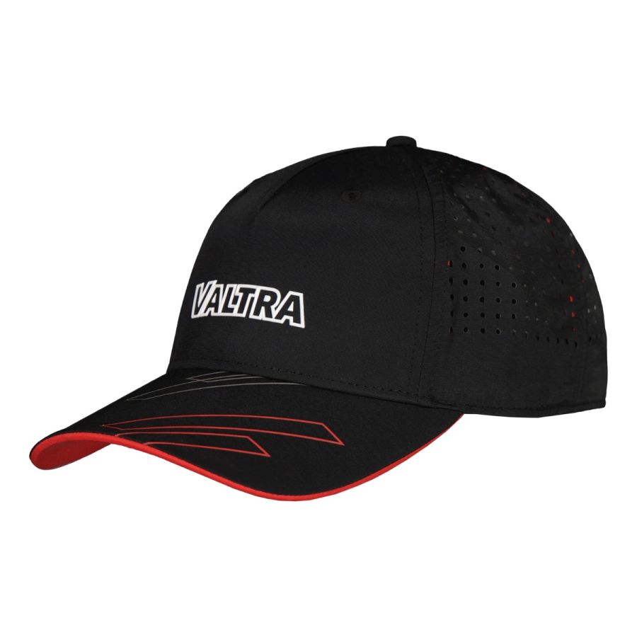 The Valtra Cap - V42803710 by AGCO is a black baseball cap featuring a bold 3D "VALTRA" logo in white letters on the front, red detailing on the visor, and a perforated back panel. It comes with a convenient snapback adjustment for a perfect fit.