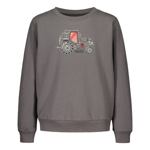 A Valtra Kids Sweater - V428042 by AGCO, featuring a dark gray long-sleeved design made from organic cotton with a tractor print on the front.