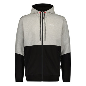 The AGCO Valtra - Men's Grey Hoodie - V428076 is a stylish gray and black leisure hoodie that features a convenient zip-up design, a drawstring hood, front pockets, and elastic ribbing for enhanced comfort.