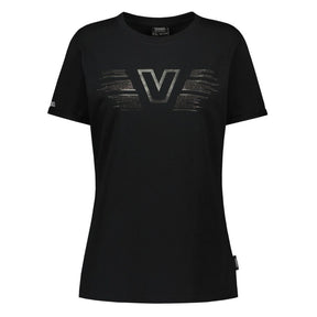 The AGCO Valtra - Women's Black T-Shirt (V4280871) features a short-sleeve design with a metallic 'V' logo and wing-like patterns on the chest, enhanced by a delicate rhinestone print that adds an extra touch of sparkle to this feminine model.