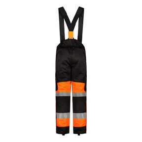 Rear view of the Valtra - High Visibility Work Trouser - V428097 by AGCO, in black and orange with reflective stripes, attached black suspenders, and compliant with EN ISO 20471 standards.