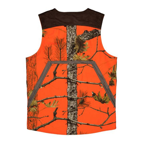 Valtra orange camouflage hunting gilet rear view showing large game pocket