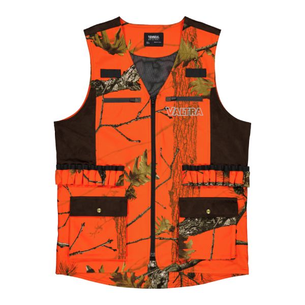 Valtra orange camouflage hunting gilet front view showing cartridge loops and pockets