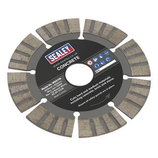 A circular concrete cutting blade with a black center labeled "Sealey" and segmented silver edges featuring diamond segments. The product, named Concrete Cutting Disc Dry Use Ø115mm - WDC115, details dry-cutting capabilities for hard and medium materials, including concrete, brick, and stone.