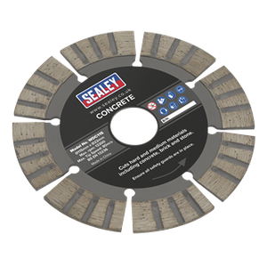 A circular concrete cutting blade with a black center labeled "Sealey" and segmented silver edges featuring diamond segments. The product, named Concrete Cutting Disc Dry Use Ø115mm - WDC115, details dry-cutting capabilities for hard and medium materials, including concrete, brick, and stone.