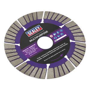 The Sealey Cutting Disc Multipurpose Dry/Wet Use Ø115mm - WDMP115, featuring a purple label and segmented edges, effortlessly cuts through granite, masonry, concrete, and hard bricks.