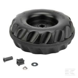 A black plastic Carrier wheel 390x150-12 (1 pc) by Rolly Toys featuring three small detached components: two black plastic pieces, a small metal nut, and a washer.