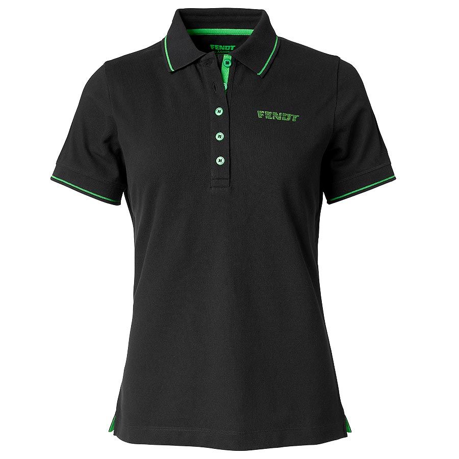 The *SPECIAL PRICE* Fendt Ladies Polo Shirt by Schöffel (X99102008) from JMCE DEALS is a stylish black polo with green accents on the collar, button placket, and sleeve edges. It features the word "FENDT" elegantly embroidered on the upper left chest. Designed for comfort and moisture management, this versatile piece is perfect for any occasion.