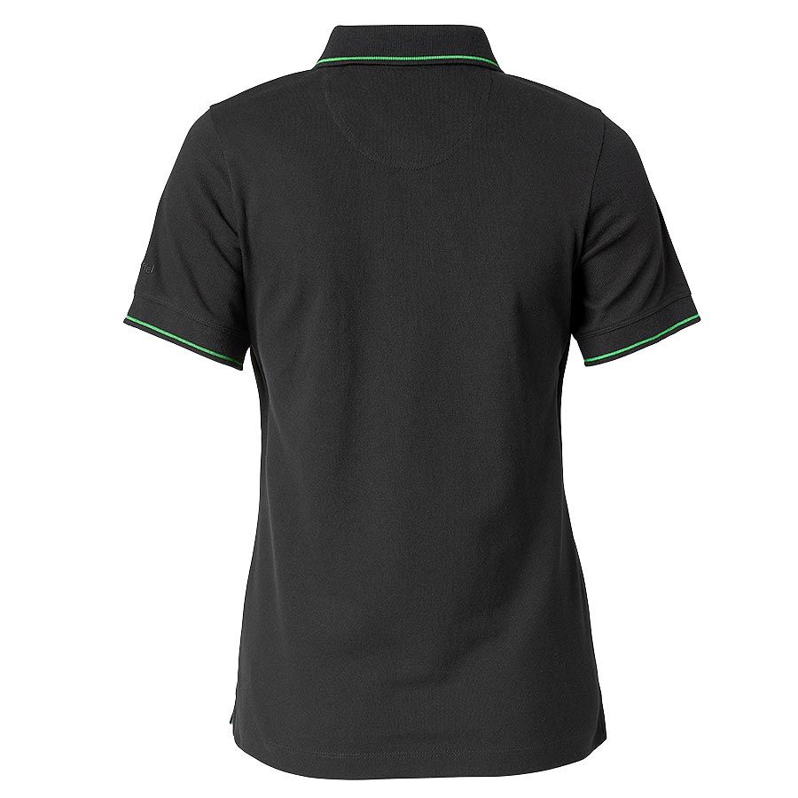 Back view of the *SPECIAL PRICE* - Fendt Ladies Polo Shirt By Schöffel X99102008, featuring black short sleeves with green piping on the collar and sleeves, designed by JMCE DEALS for ultimate comfort.