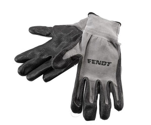 A pair of grey and black AGCO work gloves with an ergonomic fit, featuring the brand name "Fendt" printed in black on the back, model X99100557.