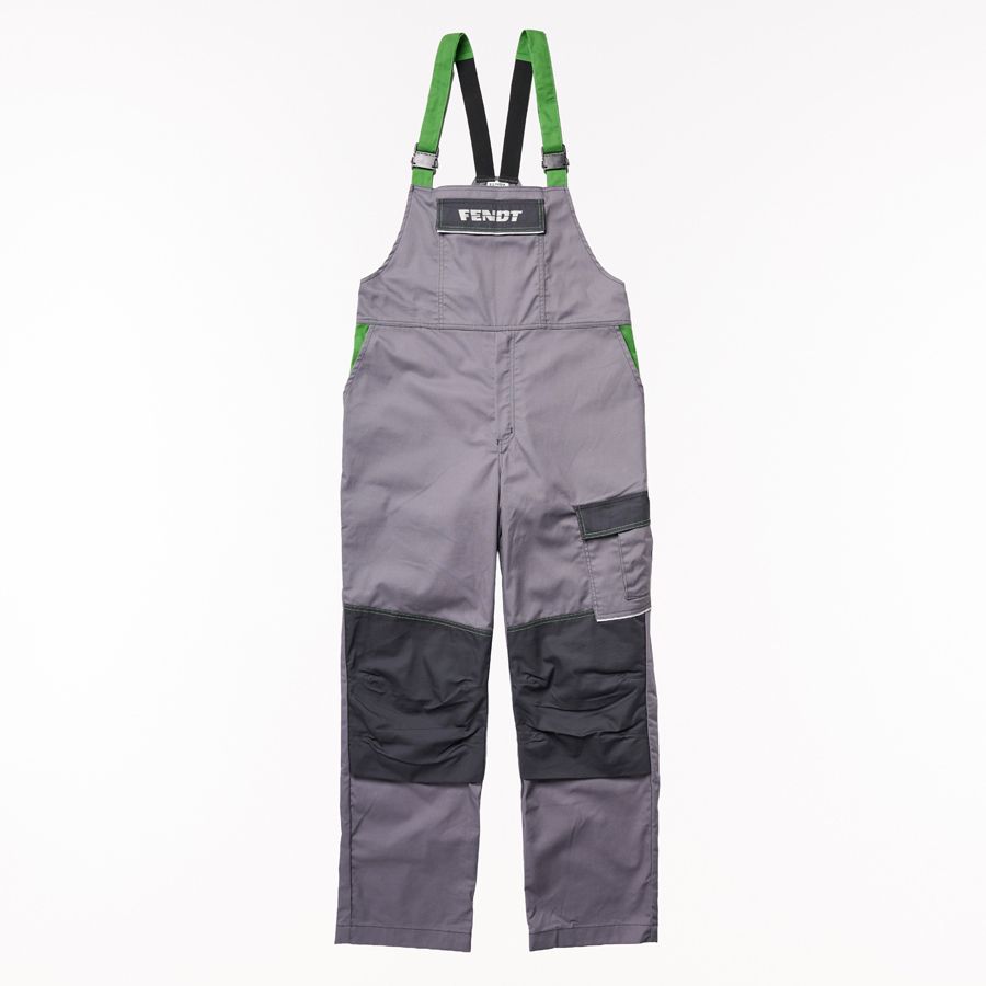 A pair of gray work bib overalls with dark gray knee patches and bright green adjustable shoulder straps, shown flat against a white background.