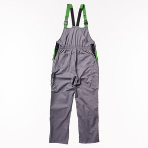 A pair of gray bib overalls with bright green adjustable shoulder straps and black side panels, shown flat against a white background.