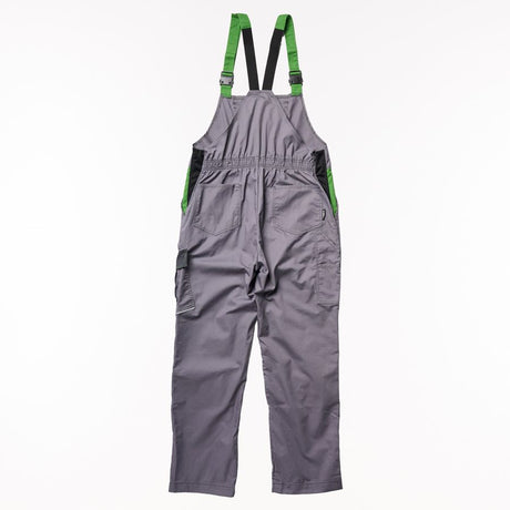 A pair of gray bib overalls with bright green adjustable shoulder straps and black side panels, shown flat against a white background.