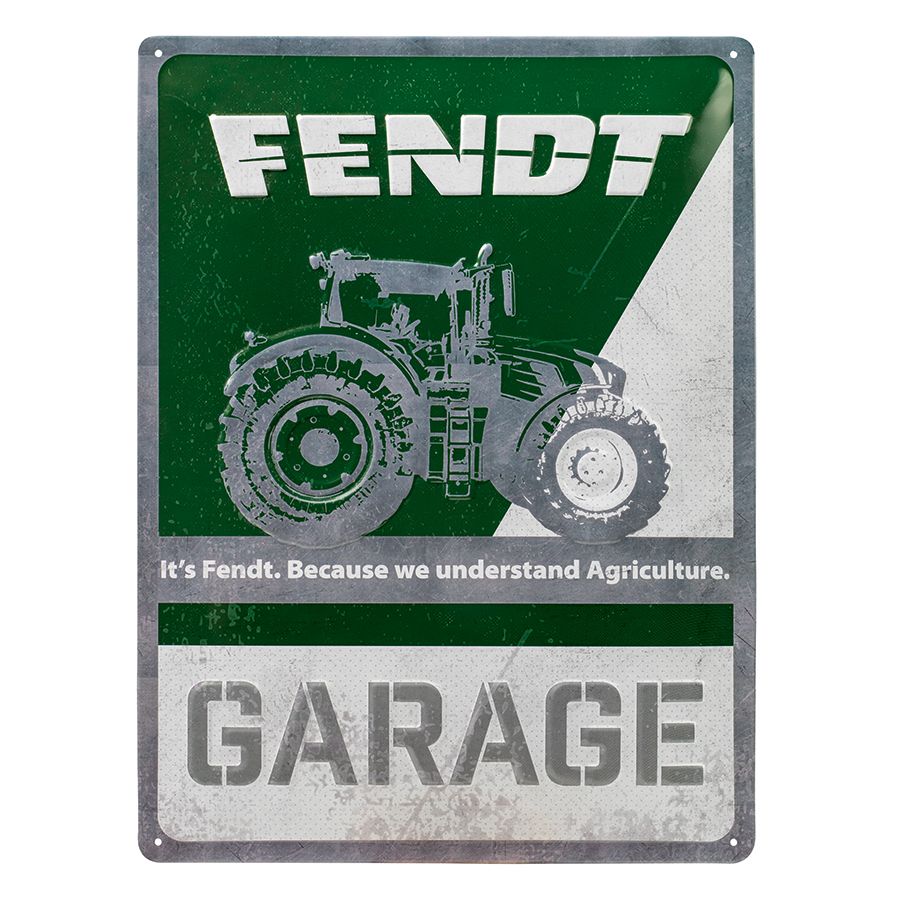 This nostalgic eye-catcher, the Fendt Sheet Metal Sign by AGCO (X991021019000), features a vintage tractor and the text "Fendt. Because we understand Agriculture," with "Garage" prominently displayed at the bottom.