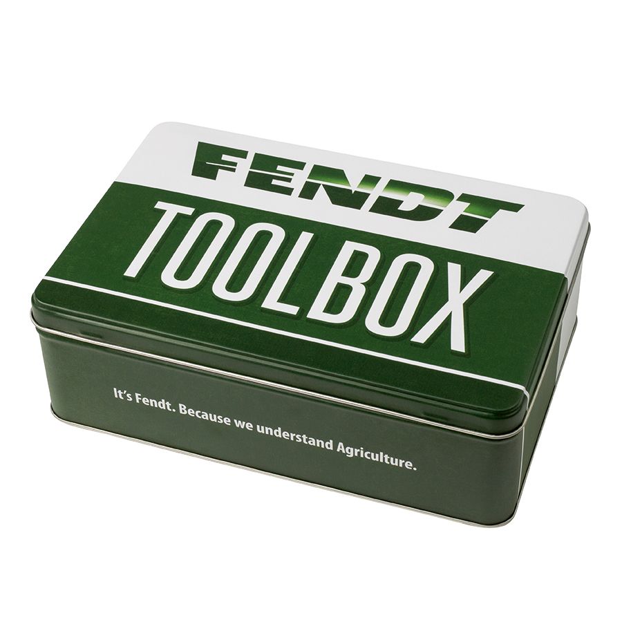 A multifunctional metal box labeled "Fendt - Fendt Sheet metal box - X991021020000" by AGCO, with the text "It's Fendt. Because we understand Agriculture." in white on the bottom, featuring a hinged lid for easy access.