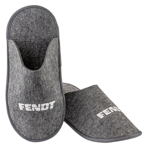 A pair of AGCO's one-size-fits-all Fendt Slippers (Product Code: X991021063000) featuring a grey felt cover with the "Fendt" logo printed in white on the front. One slipper stands upright while the other lies on its side.