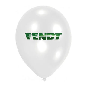 A white balloon from the Fendt Balloon Set - X991022241000 by AGCO, featuring "FENDT" in green uppercase letters at the center, is perfect for adding to a package of 100 colorful balloons.
