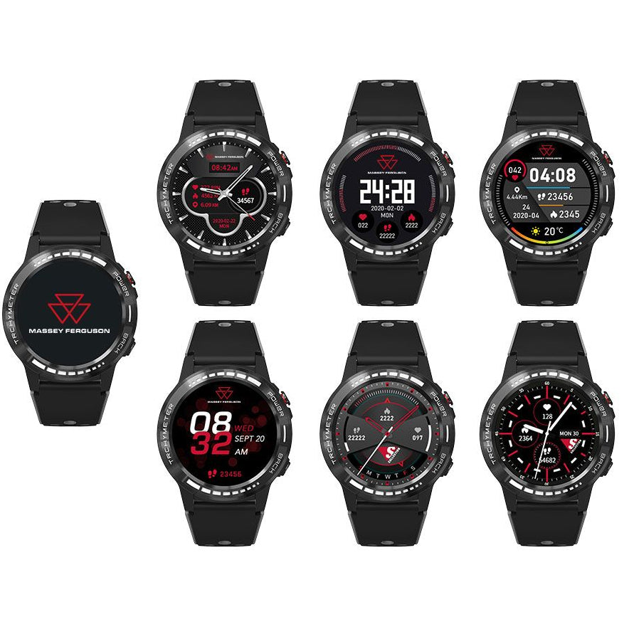 The AGCO Massey Ferguson - Smartwatch - X993392202000 is a collection of seven stylish smartwatches, each showcasing unique digital screens that display date, time, and activity tracking information. All these watches feature black bands and round faces and are waterproof for everyday durability.