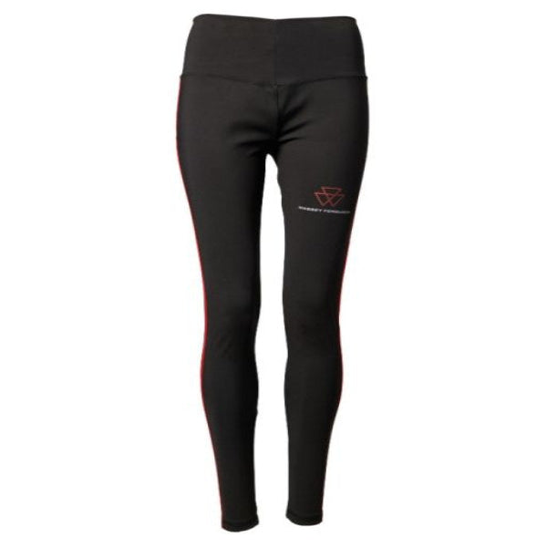 Introducing the Massey Ferguson - Ladies Sport Leggings (X993412215) by AGCO, featuring a sleek black design with a distinctive red logo on the left thigh and a striking red stripe along the outer side of each leg. These leggings are crafted from comfortable material to ensure optimal performance and style.
