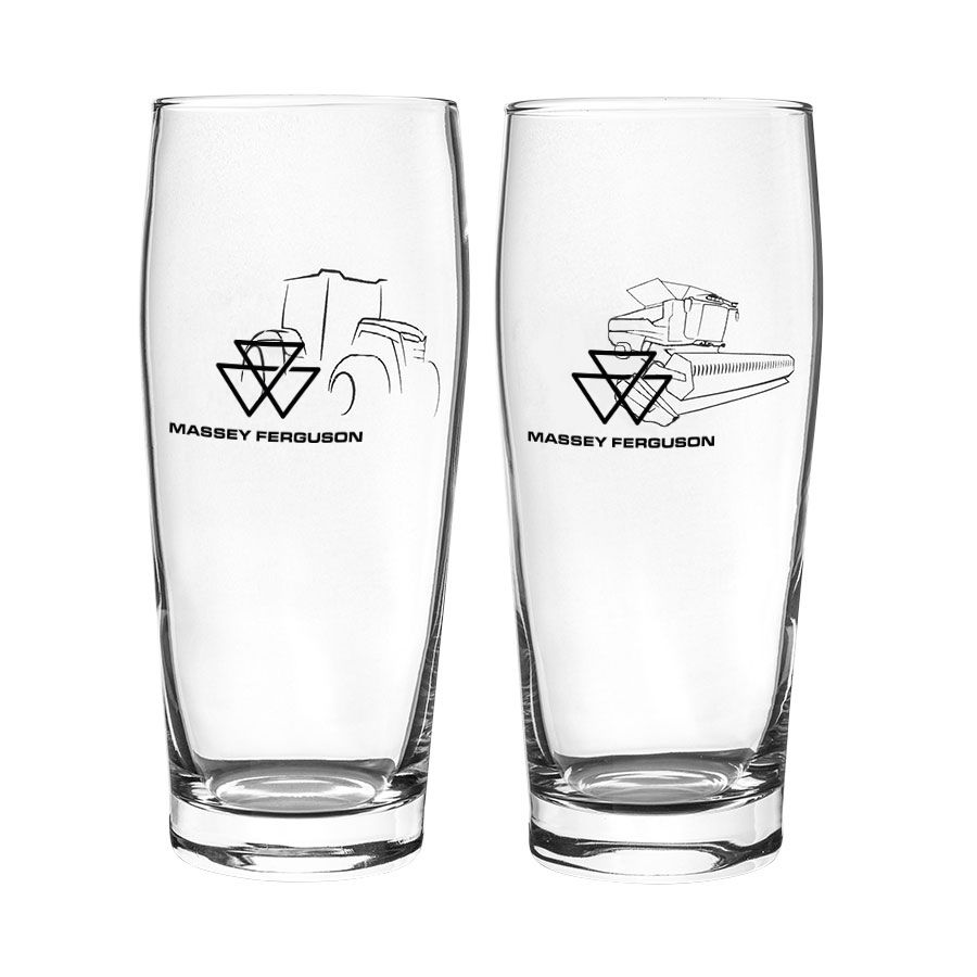 The AGCO Massey Ferguson Set of 2 Beer Glasses (X993342205000) features clear glasses each adorned with the iconic Massey Ferguson logos. One glass showcases an image of a tractor, while the other displays a harvester, making this set ideal for any farming enthusiast.