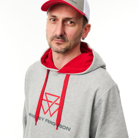 MF Greyline Hoodie with Flocked Logo & Red Hood Lining, Adjustable Drawstrings - Model X993442504