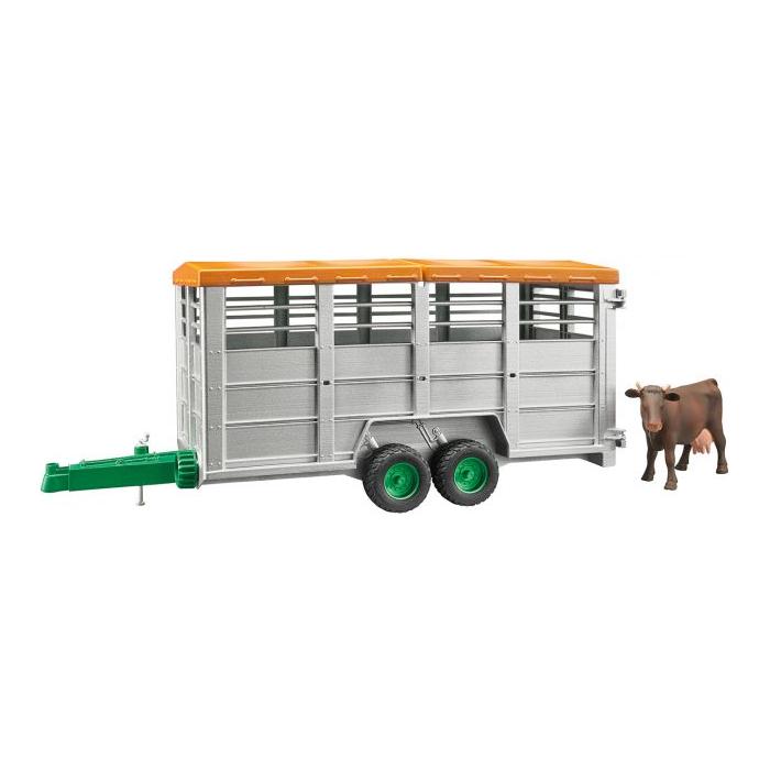 The Gallaghers Bruder - Livestock Trailer with 1 Cow (T022273) is a detailed 1:16 scale model featuring a green hitch, an orange roof, and comes complete with a brown toy cow.