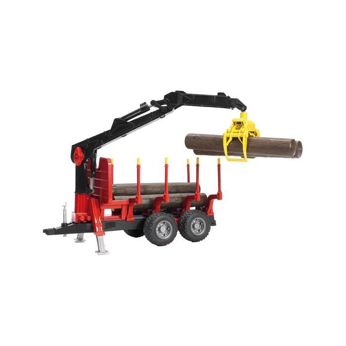 The Gallaghers Forestry Trailer, Loading Crane, 4 Trunks & Grab - T022525 features a red cab log truck with a black crane arm and yellow claw that efficiently grabs and lifts logs. The loading crane is integrated with the forestry trailer, making it ideal for imaginative play. Multiple logs are neatly loaded on its bed, enhancing the fun experience.