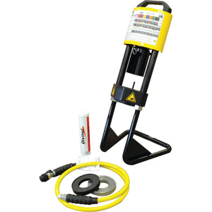 The Parker Hannifin Carry Crimp 1 Swaging Machine - S.1000001 by Sparex features a yellow body, black stand, and a white hand pump. It includes both yellow and black hoses along with various accessories. This cost-effective tool ensures precise operation with technologically advanced fittings for all your crimping needs.