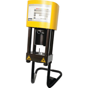 A yellow and black Sparex Parker Hydraulic Hose Assembly Machine KarryKrimp 2 (85CE-061L) with a digital screen and warning labels, used for precision processing.