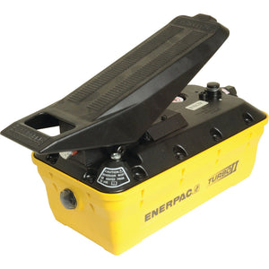 A yellow and black Sparex Parker Air - Hydraulic Foot Pump Pump Unit (85C-0AP) with a ribbed foot pedal and caution labels.