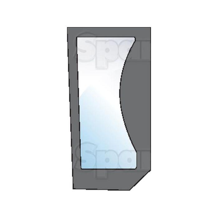 Illustration of a trapezoidal mirror with a curved edge on a grey background, resembling the Lower Front Glass RH (Sparex Part No. S.100502) typically found in Ford/New Holland tractors from the Sparex brand.