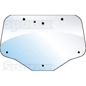 The Rear Window (Sparex Part No. S.100514) by Sparex is a flat, transparent rectangular glass panel with rounded edges and multiple pre-drilled holes near the perimeter, making it ideal for use with Case IH machinery or fitting into Sparex Gas Strut assemblies.