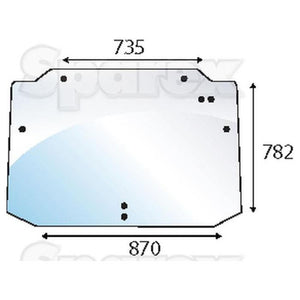 Illustration of the Sparex Rear Window (Sparex Part No. S.100528) for Ford/New Holland with dimensions 735mm (top width), 870mm (bottom width), and 782mm (height). Black spots indicate mounting points.