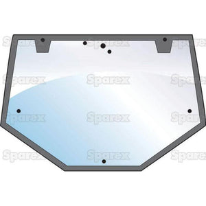 Illustration of a Rear Window (Sparex Part No. S.100546) for a Ford / New Holland, featuring a trapezoid shape with mounting holes, mostly transparent with a faint blue tint and grey border, by Sparex.