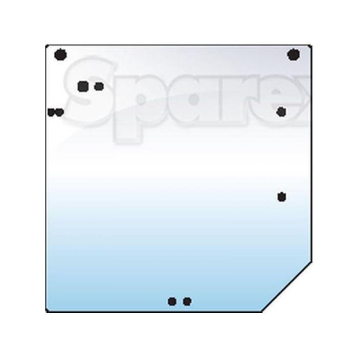 Illustration of a square Rear Window with bolt holes, featuring the word "Sparex" in the background. The glass has a diagonal cut on the bottom right corner, perfect for Claas ARES models.