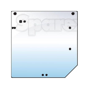 Illustration of a square Rear Window with bolt holes, featuring the word "Sparex" in the background. The glass has a diagonal cut on the bottom right corner, perfect for Claas ARES models.