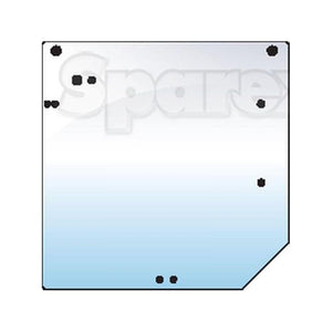 Illustration of a square Rear Window with bolt holes, featuring the word "Sparex" in the background. The glass has a diagonal cut on the bottom right corner, perfect for Claas ARES models.