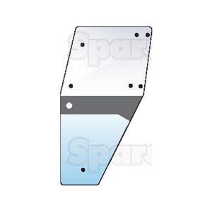 Illustration of the Door Glass LH (Sparex Part No.S.100698), characterized by its curved form tailored for a precise fit, with bolt holes and a frosted strip across the middle, echoing Deutz-Fahr design elements.