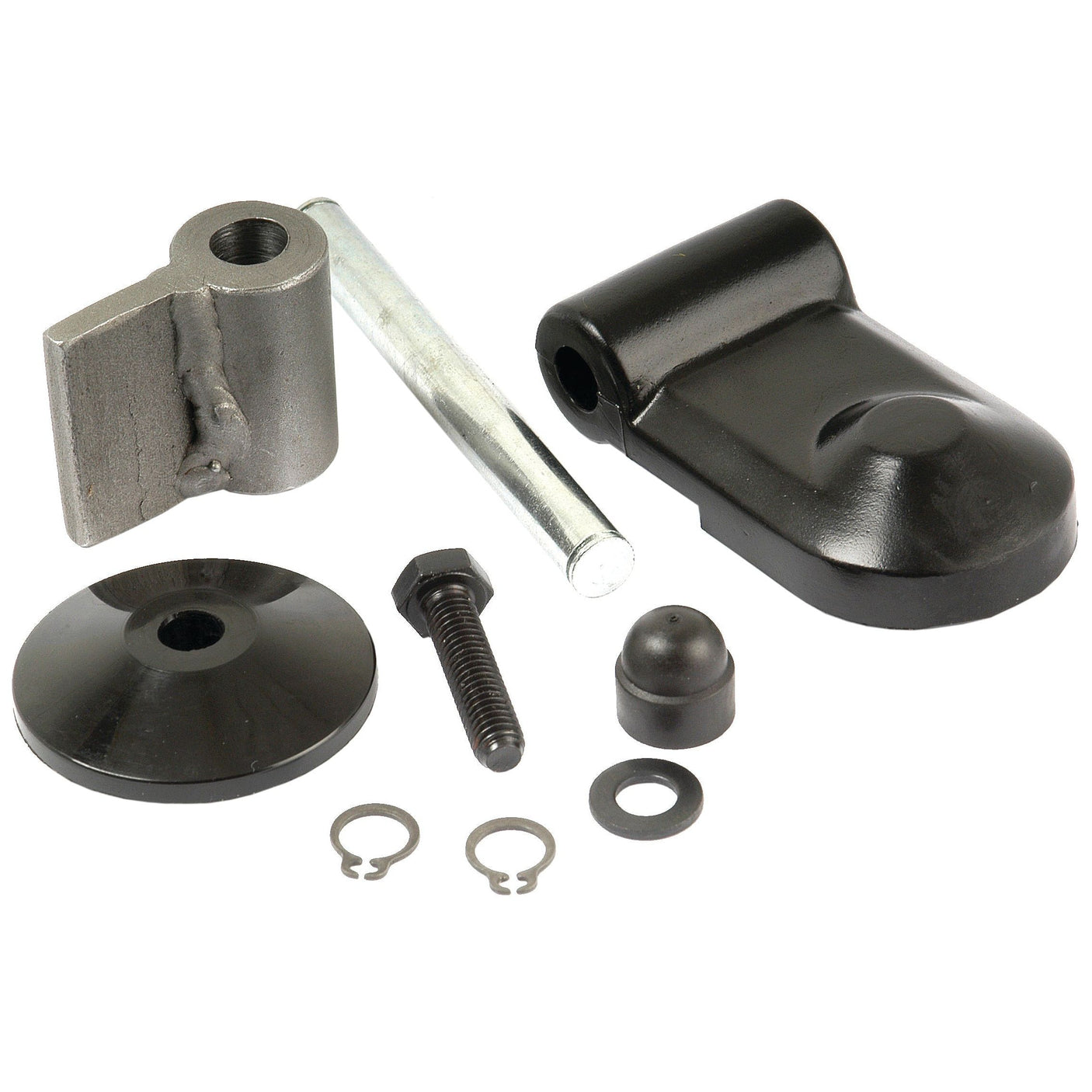 A set of mechanical parts including a black hinge, metal rod, round discs, a bolt, small clips, and a rubber cap. Ideal for use in the Sparex Window Hinge Kit, Side and Rear (Part No. S.101023) or Ford New Holland machinery.