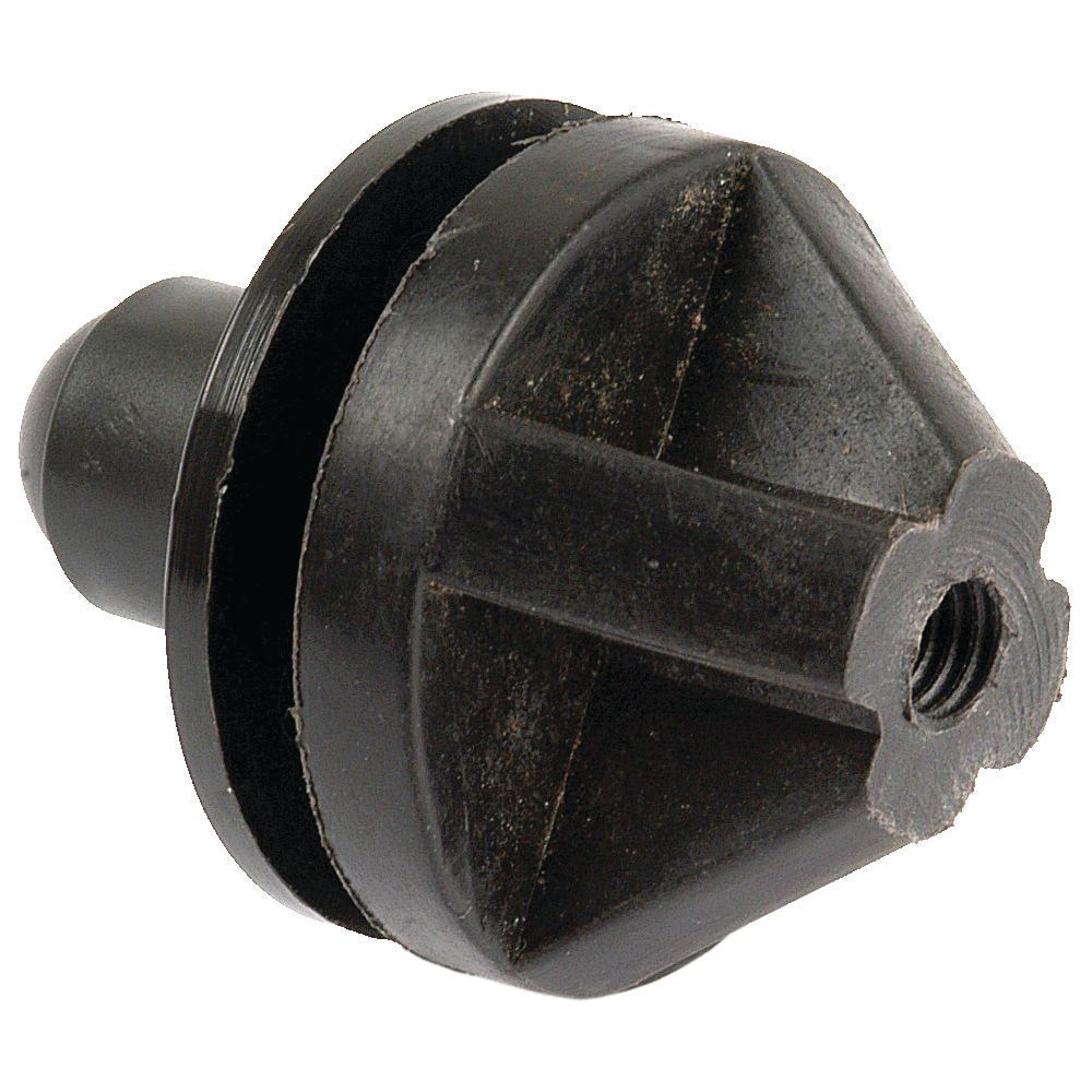 Close-up of a black rubber expansion plug featuring a threaded hole in the center and a flanged base, compatible with Sparex parts like the Gas Strut Window Fixing (Sparex Part No.S.101024) for Case IH tractors.