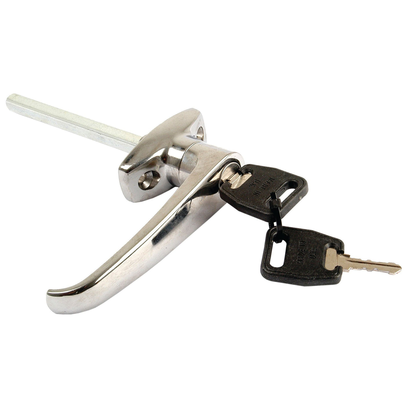 A silver door handle with a lock mechanism and two attached keys, ideal as the Sparex Outer Door Handle RH & LH (Sparex Part No. S.101029) for Ford New Holland machinery.