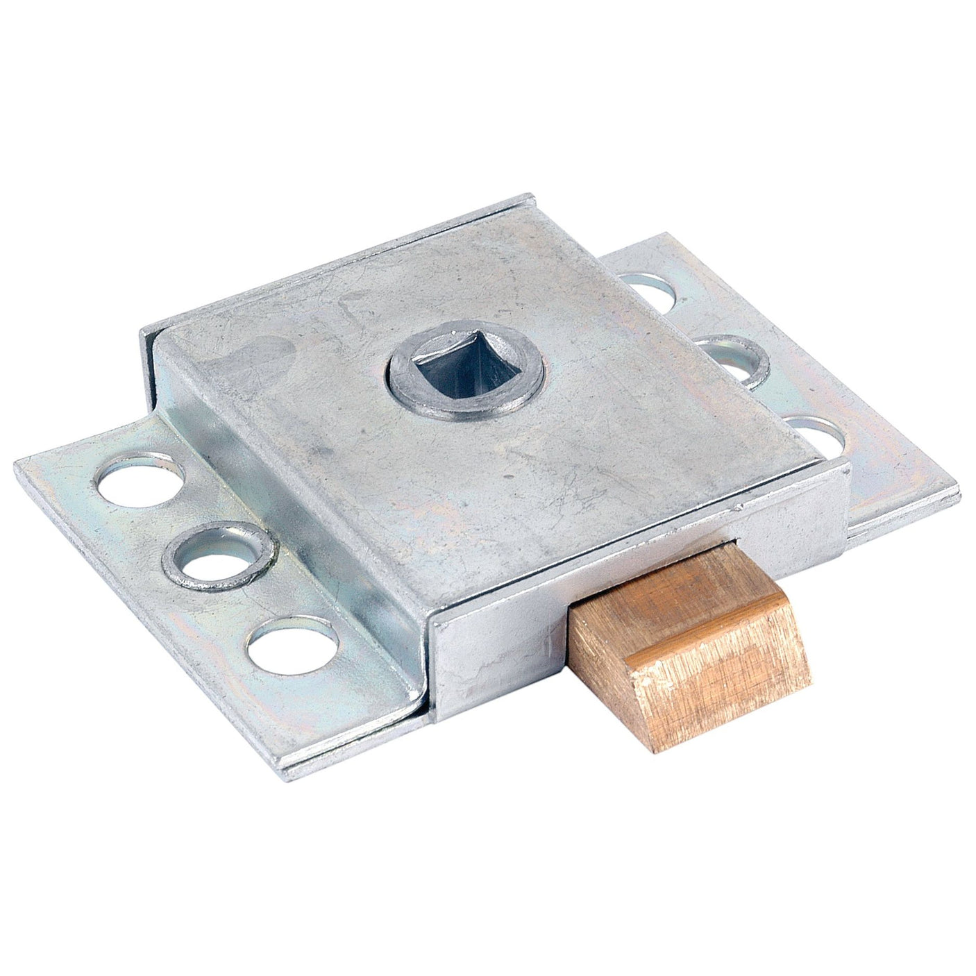 The Inner Slam Lock RH & LH (Sparex Part No.S.101031) from Sparex NLA is a square metal lock mechanism commonly used in CAB door locks for Ford New Holland. It features a brass latch bolt, four mounting holes, and a rectangular metallic casing with a central square hole.