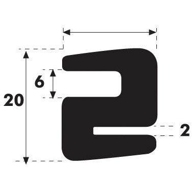 Black-and-white diagram of a shape with measurements. The vertical height is 20 units, the horizontal width is 6 units, and additional dimensions of 2 units are marked on the sides. This precise layout, reminiscent of a Massey Ferguson manual, ensures accuracy in design. Product shown: Glazing Rubber - S Type | Sparex Part No.S.101037 by Sparex.