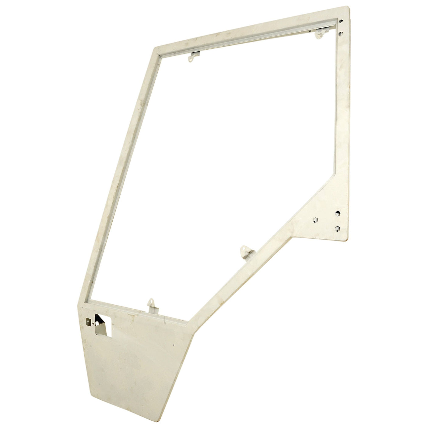 The Door Frame LH by Sparex, Part No.S.101085, is a metallic frame with an asymmetrical design featuring multiple mounting points and an angular cut-out section on the lower left side, reminiscent of a Massey Ferguson door frame.