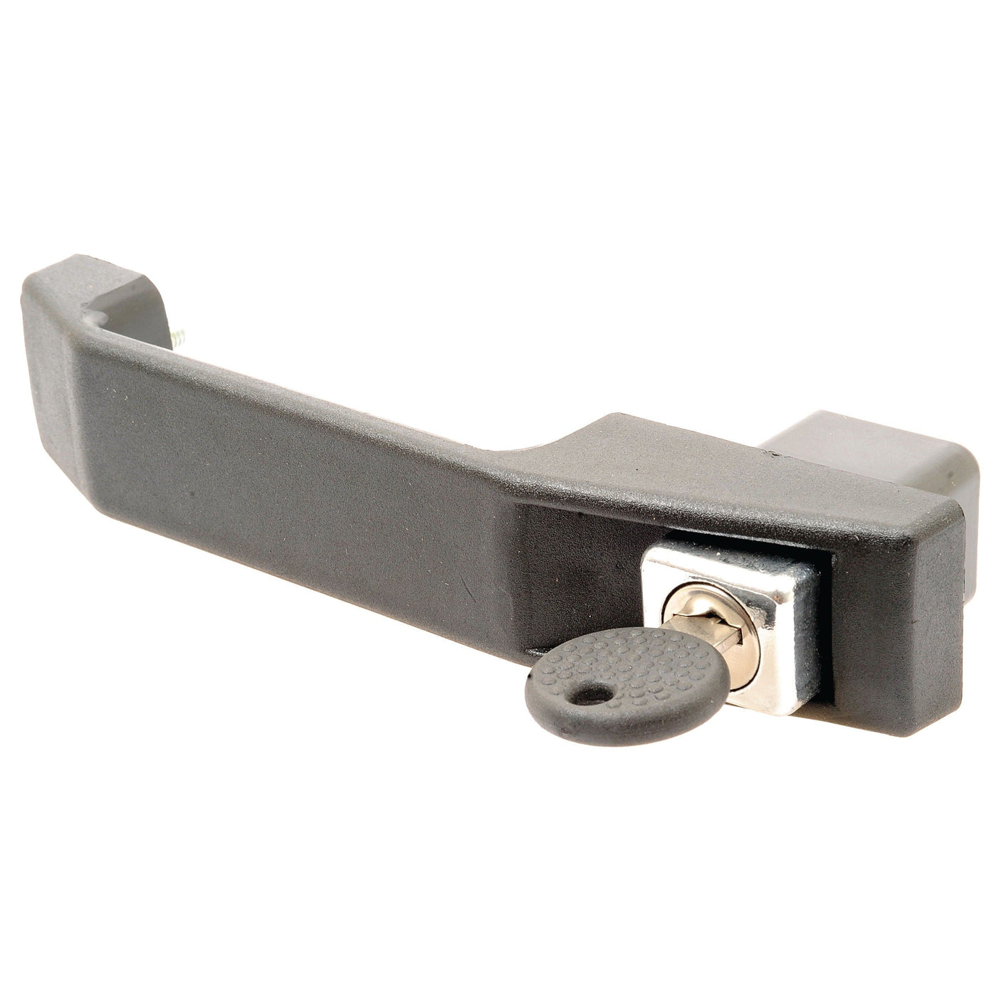 A Sparex Outer Door Handle RH & LH (Part No. S.101092) in black, featuring an integrated lock and key for secure fastening of doors or panels, ideal for Massey Ferguson equipment.